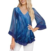Womens 3/4 Bell Sleeve Flowy Tops Summer Double Layer Mesh Elegant T-Shirts Casual Loose Fit V Neck Tuinc Tee Shirts