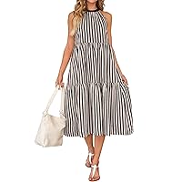 ZESICA Women's Summer Striped Midi Dress 2024 Casual Sleeveless Halter Neck Tiered Flowy Holiday Long Dress