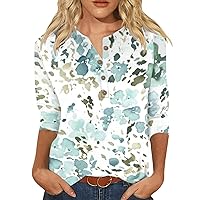 Womens Tops Dressy Casual 2024 3/4 Sleeve V Neck Button Comfy Summer Trendy Fashion Business Loose Shirts Tunic Top