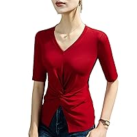 Cotton Tops for Women, Summer Fashion Solid V Neck Short Sleeve Pleated Patchwork Blouses Elegant Formal Work Shirts
