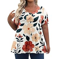 Plus Size Tops for Women Dressy Short Sleeve V Neck Shirts for Women Summer Tops for Women 2024 Floral Print Top Cute Tunic