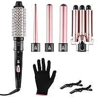 Curling Iron Set 5 in 1,Curling Wand Set with Thermal Brush,Interchangeable Curling Iron(0.35-1 1/4inch), Hair Crimpers & 3 Barrel Curler Dual Voltage (110-240v Ac) for Women with Curler and Waver