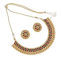 Bollywood Ethnic Style 18K Gold Plated Choker Style Green Necklace Set For Partywear Women and Girls Wedding Polki Indian Jewelry