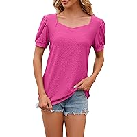 Women's Work Blouses Fashion Solid Colour V-Neck Bubble Short Sleeve Loose T Shirt Casual Top, S-2XL
