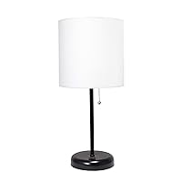 Simple Designs LT2044-BAW Black Stick Table Desk Lamp with USB Charging Port and Drum Fabric Shade, White Shade