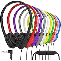 Maeline 10 Pack Multi Color Bulk Headphones with Microphone, On Ear Stereo Headphones Adjustable Band & Faux Leather Cushions for Kids Classroom Online Learning, Library, School, Travel - 3.5mm Plug