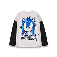 Sonic The Hedgehog Boys T-Shirt | Grey & Black Graffiti Graphic Skater Tee | Childrens Long Sleeve with Short Sleeve Overlay