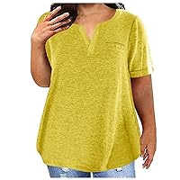 Plus Size Tops for Women Summer Short Sleeve Notched V Neck T Shirts Loose Fit Casual Blouses with Pocket S-3XL