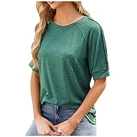 Summer Womens Basic Tops Fashion Casual Solid T-Shirts Short Sleeve Round Neck Blouse Classic-Fit Loose Buttons Tee