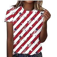 4th of July Casual Tee Tops Women Shirts Crewneck Short Sleeve American Flag Stars Stripes Blouses