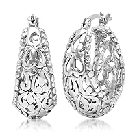 MAX + STONE Silver Filigree Earrings for Women with Click Tops | 925 Sterling Silver Earrings for Women with Anti-tarnishing Rhodium Plating | Sterling Silver Hoop Earrings for Women