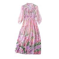 Women Dress Silk Floral Printed V Neck Ruffles Half Sleeve Back Elastic High Waist Pink Party Skirt 2826