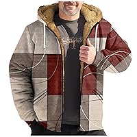 Men's Hooded Jacket Retro Print Zip Up Heavyweight Sherpa Fleece Lined Oversized Sweatshirt Warm Thick Winter Coat