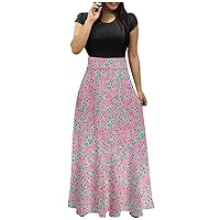 Smocked Dress Women, Maxi Dresses for Women 2024 Hot Pink Dress Short Sleeve Dress Womens Dressy Ethnic Printed Trendy Large Size Maxi Ladies Round Neck Floral Printting Trendy