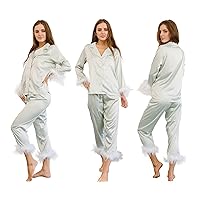 Queens Bridal Feather Trim Pajama Set for Women Satin Silk Long Sleeve Top With Pants Sleepwear Button Down S To XXL