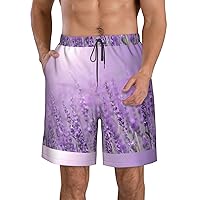 Romantic Purple Lavender Print Men's Beach Shorts Hawaiian Summer Holiday Casual Lightweight Quick-Dry Shorts