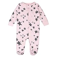 baby girls Pure Organic Cotton Play, Zipper Closure Footed Sleepwear, 1 Pk and Toddler Sleepers, Pink Stars, 9 Months US
