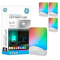 GE Color-Changing LED Night Light, Plug Into Wall, Dusk to Dawn Sensor, 8 Vibrant Colors, Ambient Lighting, Kids Adults Bedroom, Bathroom, Nursery, Kitchen, Hallway, 4 Pack, 50860