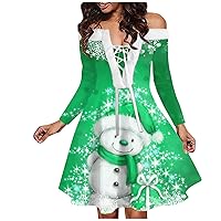 Red Christmas Party Dress, Women's Fashion Casual One Shoulder Retro Printed Plush Long Sleeved Dress Fall Wedding Guest for Women Sexy Elegant Dress Sweater Short Dress (XL, Green)