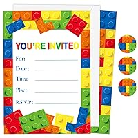 Wiooffen Children Boys Birthday Party Invitations Building Blocks Party Supplies for 24 Guests, Stacking Block Bricks Invitation Cards Set with Sticker Labels Envelopes Birthday Decorations