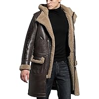 Men’s Brown Real Sheepskin Thick Retro Military Sherpa Shearling Faux Fur Lines Hooded Leather Coat Jacket