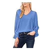 Vince Camuto Womens Blue Smocked Lined Sheer Darted Long Sleeve V Neck Blouse XS