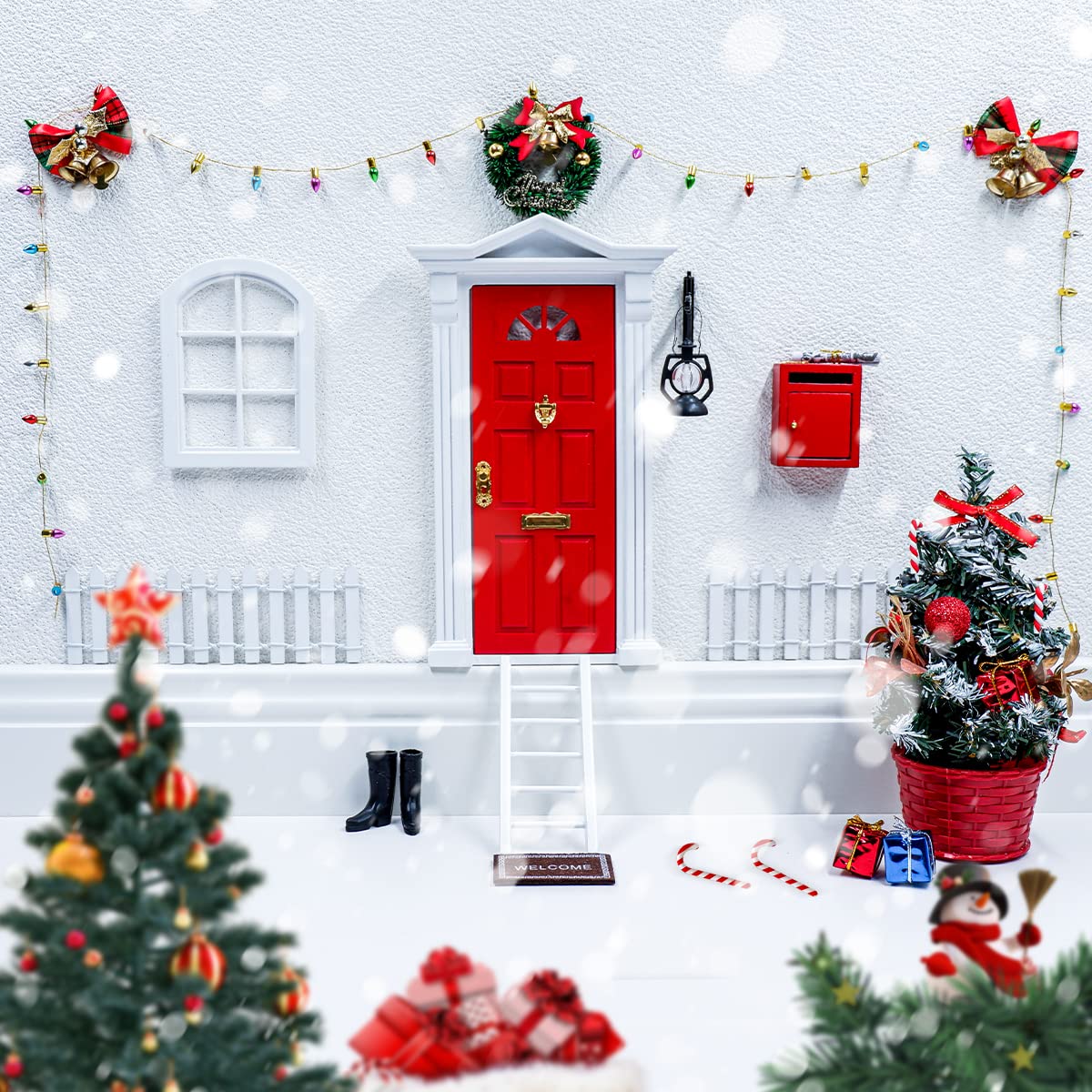 BEIREG Dollhouse Furniture - 22pcs Miniature Fairy Door with Light Strip Christmas Tree and Christmas Accesories, Christmas Decorations Wooden Fairy Door Craft Gift for Kids