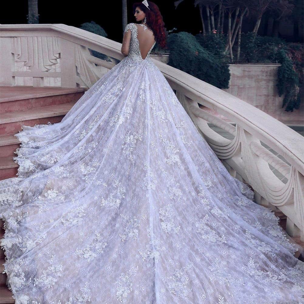 Tsbridal Luxury Crystals Lace Wedding Dresses Long Sleeves Wedding Gowns