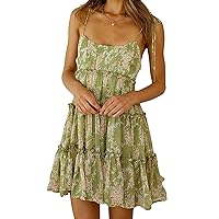 Mansy Womens 2024 Summer Floral Mini Dress Boho Flowy Skater Dresses Short Sleeveless Ruffle Spaghetti Strap Dress