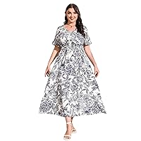 IMEKIS Women Plus Size Causal Boho Maxi Dress Summer Wrap V Neck Short Sleeve Floral Ruffle A-line Party Dress with Belt