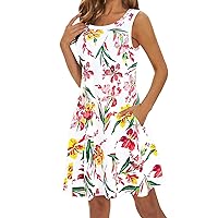 Womens Floarl Pattern Swing T Shirt Dresses Summer Trendy Work Tank Loose Maxi Dresses Dressy Casual Sundress with Pockets