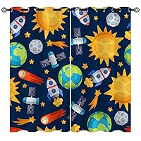 Cute Galaxy Blackout Curtains for Girls Boys Kids Teens Home Decor, Starry Planet Rocket Satellite Grommet Thermal Insulated Drapes Darkening Window Curtain for Bedroom Living Room, 72 x 63 Inch