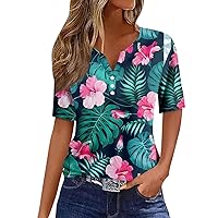 Spring Tops for Women 2024 Shirt Print Button Short Sleeve Daily Weekend Fashion Basic V- Neck Regular Top