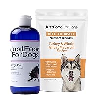 JustFoodForDogs DIY Human Quality Dog Food, Nutrient Blend Base Mix for Dogs-Turkey & Whole Wheat Macaroni Recipe, 4.02oz & Omega Plus Fish Oil for Dogs - Omega 3 Liquid Supplement for Pets - 16 oz
