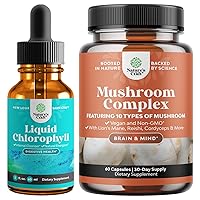 Bundle of Natural Chlorophyll Liquid Drops for Water and Nootropic Brain Focus Mushroom Supplement - Anti Aging Skin Care and Immune Support - 10X Mushroom Blend for Natural Sugar Balance