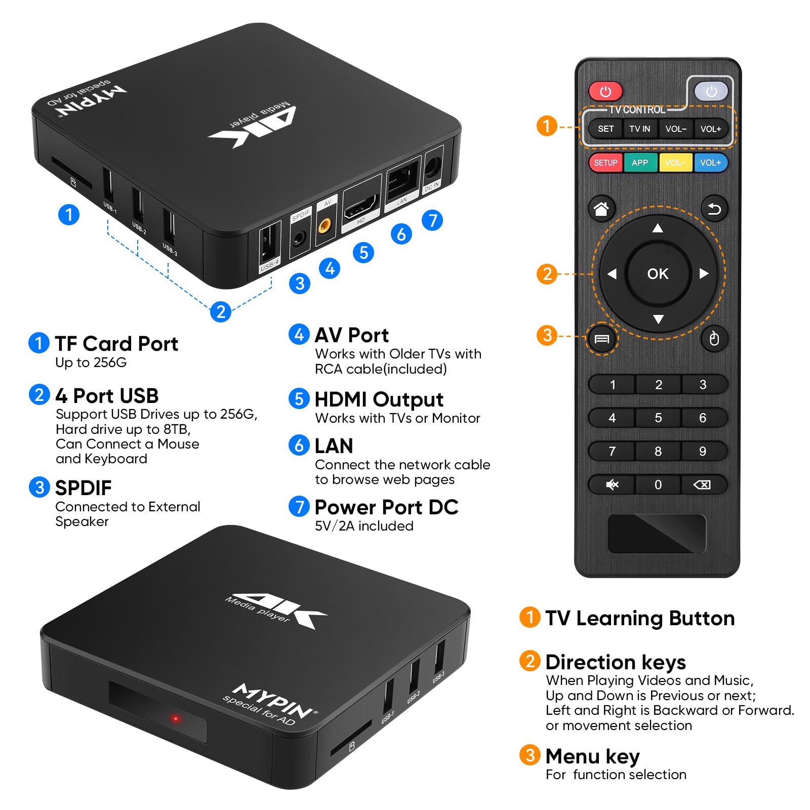 4K@60hz MP4 Media Player Support 8TB HDD/ 256G USB Drive/SD Card with HDMI/AV Out for HDTV/PPT MKV AVI MP4 H.265-Support Advertising Subtitles/Timing, Networkable, Mouse&Keyboard Control