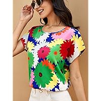Womens Summer Tops Floral Print Batwing Sleeve Top (Color : Multicolor, Size : X-Small)