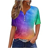 Women's Casual Gradient Print Henley T Shirt Summer Short Sleeve Tops V Neck Button Up Blouse Loose Fit Tunic