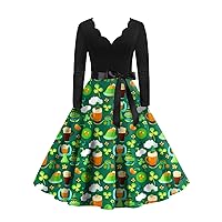 Casual Dresses for Women, Vintage Classic Dress Long Sleeve St. Patrick's Day Print V-Neck Swing Dress Semi Formal Women Bodycon Dress Floral Summer Casual Dress Casual Dresses (S, Light Green)