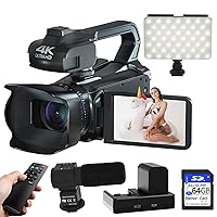 Video Camera 4K Camcorder 56MP Vloging Camera for YouTube 18X Digital Zoom 3.0“ Touch Screen WiFi Camera with Microphone, Lens Hood, Handheld Stabilizer, 2 Batteries & 32G SD Card
