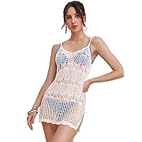 Milumia Women's Hollow Out Slit Hem Spaghetti Strap Crochet Bikini Cover Up Dress
