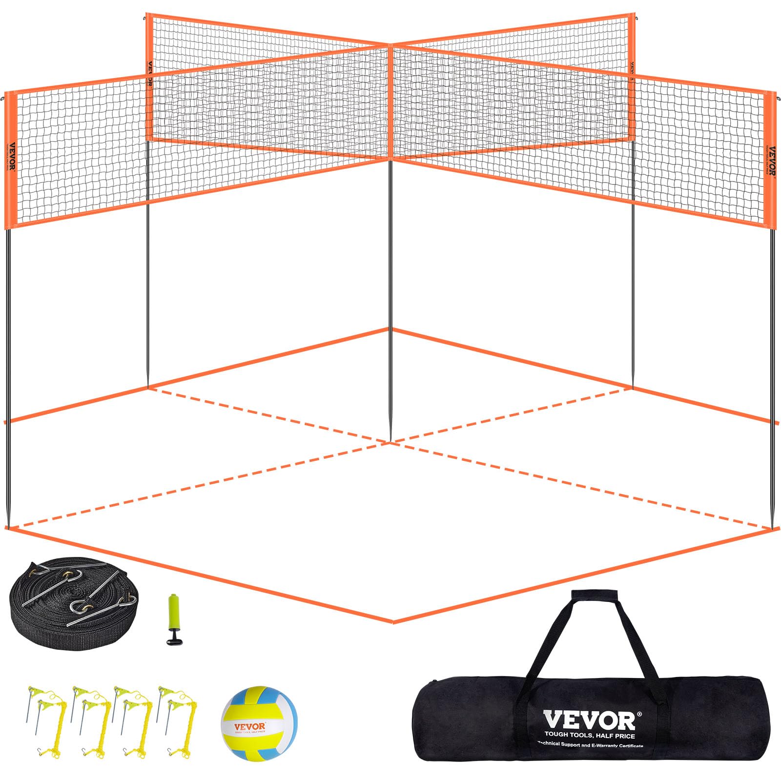 VEVOR 4-Way Volleyball Net, Adjustable Height Badminton Net Set for Backyard Beach Lawn, Outdoor Portable Volleyball Net with Carrying Bag, 4 Square Quick Assemble Game Set for Kids and Adults