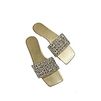 OYOANGLE Women's Glamorous Rhinestone Decor Square Open Toe Flat Sandals Lightweight Dressy Slides Slippers