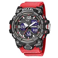 SMAEL Men's Watches Military Outdoor Waterproof Sports Wrist Watch Date Multi Function LED Alarm Stopwatch, Digital Watches for Mens, Red, Large Face, Digital