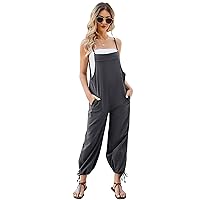 Flygo Cotton Linen Black Overalls for Women Loose Fit Adjustable Bib Overall Jumpsuit Rompers