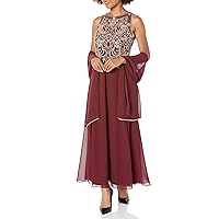J Kara Women's Sleeveless Scallop Long Beaded Dress W/Scarf