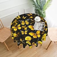 Yellow Flowers Butterflies Print Round Tablecloth Water Resistant Decorative Table Cover for Dining Table, Parties Camping