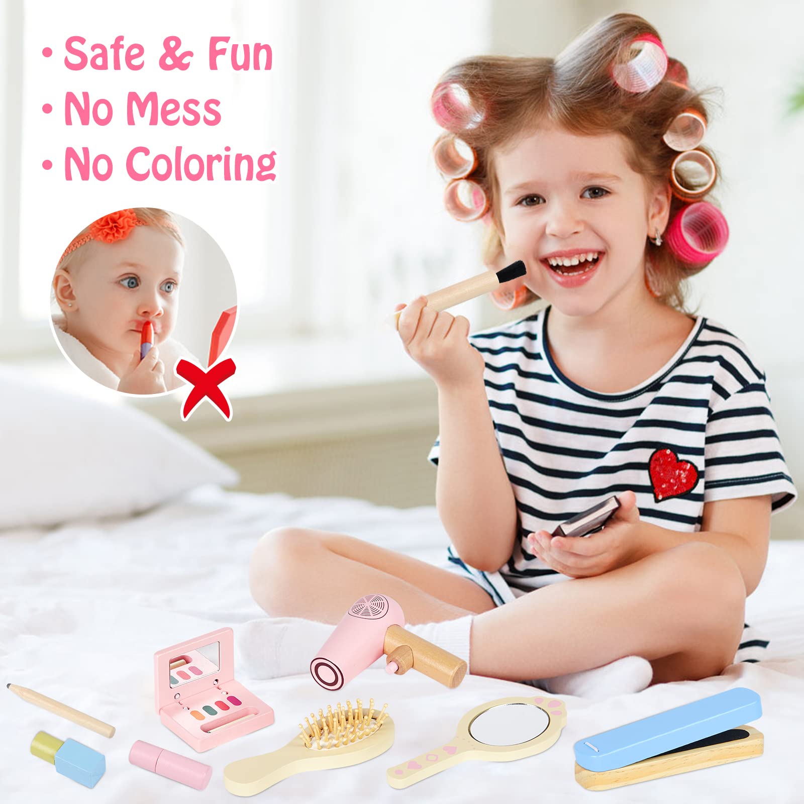 Wooden Makeup Kit Toy, Toddler Pretend Beauty Salon Set, 12PCS Makeup Playset with Hair Dryer, Mirror, Perfume and Storage Bag