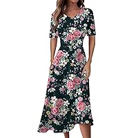 Trendy Short Sleeve Midi Dress Elegant Formal Slim Fitted Ruched Flowy Dress Casual Sexy V Neck Floral Swing Dress