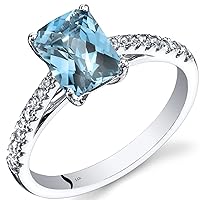 PEORA Swiss Blue Topaz with White Topaz Venetian Solitaire Ring for Women 14K White Gold, Genuine Gemstone Birthstone, 1.75 Carats Radiant Cut 8x6mm, Sizes 5 to 9